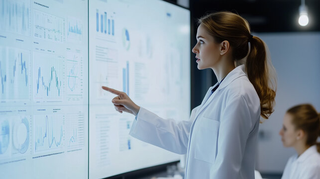 Female scientist analyzing data on interactive digital display