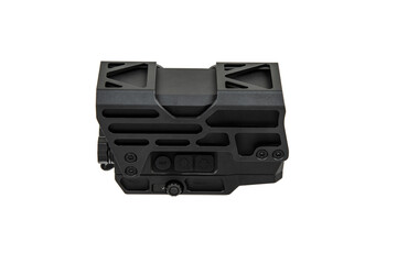 A tactical holographic sight with a rugged, black metal frame, featuring adjustment knobs and buttons.