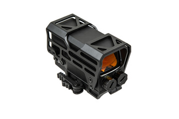 A tactical holographic sight with a rugged, black metal frame, featuring adjustment knobs and buttons.