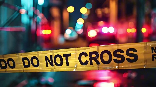 A police investigation unfolds in a city streetscape at night. Yellow tape marks the area, while emergency lights flash in the background, indicating a serious situation