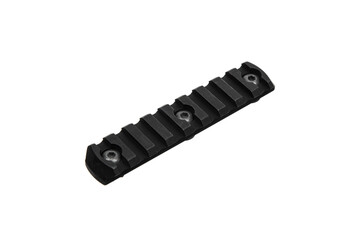 A black Picatinny rail section with multiple slots and mounting holes, isolated on a white...