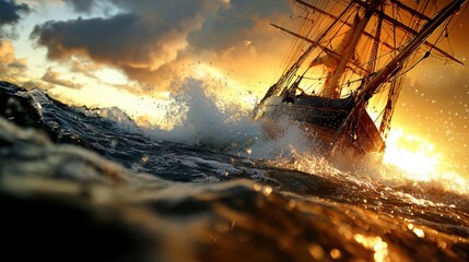 Battling the Storm: Ship's Bow Cutting Through Towering Waves in Fierce Weather