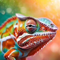Obraz premium Close-up of a chameleon with water droplets on its scales, set against a gradient tropical sunrise background