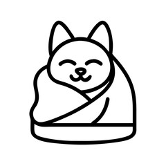 cat in a cozy blanket icon, cat day line art, cat day icon - simple black line art icon of cat in a cozy blanket, symbolizing cat day celebrations. cat day vector art.