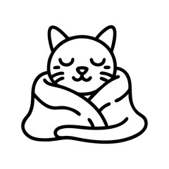 cat in a cozy blanket icon, cat day line art, cat day icon - simple black line art icon of cat in a cozy blanket, symbolizing cat day celebrations. cat day vector art.