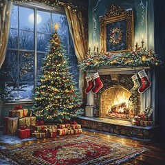 Obraz premium Christmas celebration by the cozy fireplace living room holiday scene warm atmosphere festive view joyful concept