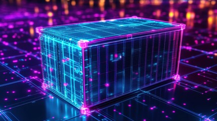 Futuristic holographic cargo container surrounded by digital networking elements.