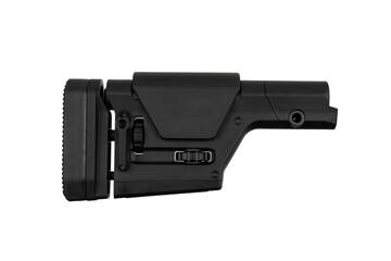 Black adjustable rifle stock with a textured buttpad, adjustment knobs, and a cheek rest, designed...