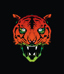 Evil tiger head. Original vector illustration in vintage style. T-shirt design.