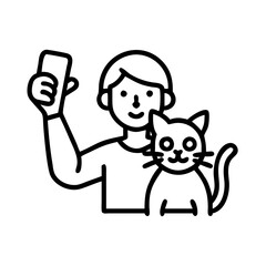 cat selfie with owner icon, cat day line art, cat day icon - simple black line art icon of cat selfie with owner, symbolizing cat day celebrations. cat day vector art.