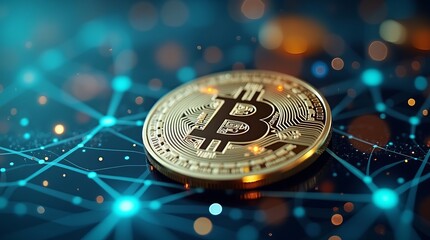 Bitcoin coin placed on a glowing blockchain network background, symbolizing cryptocurrency, digital finance, and decentralized technology in a futuristic setting with vibrant lights