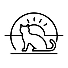 cat silhouette against sunset icon, cat day line art, cat day icon - simple black line art icon of cat silhouette against sunset, symbolizing cat day celebrations. cat day vector art.
