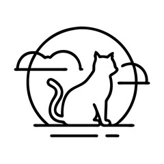 cat silhouette against sunset icon, cat day line art, cat day icon - simple black line art icon of cat silhouette against sunset, symbolizing cat day celebrations. cat day vector art.
