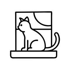 cat sitting on a window icon, cat day line art, cat day icon - simple black line art icon of cat sitting on a window, symbolizing cat day celebrations. cat day vector art.
