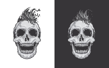 Human skull with mohawk and open jaw. Original vector illustration in vintage style. T-shirt design.