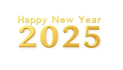 Happy New Year 2025 in gold text isolated on a white background.