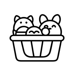cat toys basket icon, cat day line art, cat day icon - simple black line art icon of cat toys basket, symbolizing cat day celebrations. cat day vector art.