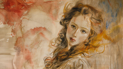 Stylized portrait of a young woman with long flowing hair, created with delicate brush strokes and watercolor textures