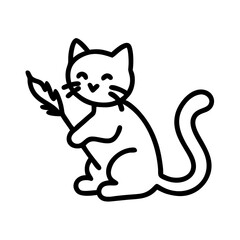 cat with a feather toy icon, cat day line art, cat day icon - simple black line art icon of cat with a feather toy, symbolizing cat day celebrations. cat day vector art.