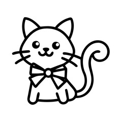 cat with a ribbon icon, cat day line art, cat day icon - simple black line art icon of cat with a ribbon, symbolizing cat day celebrations. cat day vector art.