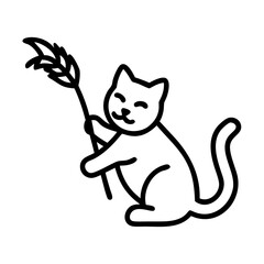 cat with a feather toy icon, cat day line art, cat day icon - simple black line art icon of cat with a feather toy, symbolizing cat day celebrations. cat day vector art.