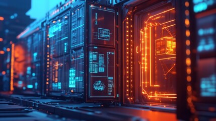 Futuristic server room with glowing panels and intricate data displays.
