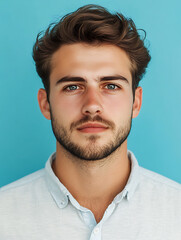 Fototapeta premium Male portrait ID card photo on blue background
