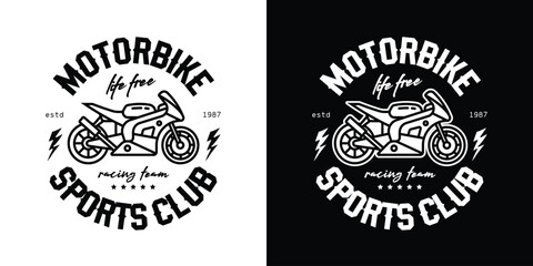 Racing sports motorcycle emblem. Superbike. Original vector illustration in vintage style. T-shirt design.