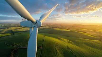 Eco-Friendly Energy Generation: Wind Turbine Spinning on Green Hills Under Blue Sky