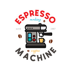 Espresso coffee machine emblem. Original vector illustration in vintage style. T-shirt design.