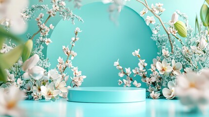 A vibrant turquoise circular podium rests at the center of a dreamy scene, surrounded by delicate white blossoms and lush floral branches against a soft pastel blue backdrop.