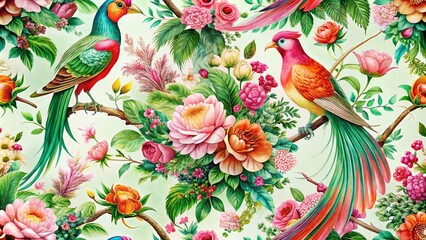 Obraz premium Vibrant Chinoiserie Style Birds on a White Background Featuring a Pink, Green, and Orange Color Palette Perfect for Fashion Photography and Home Decor Inspiration