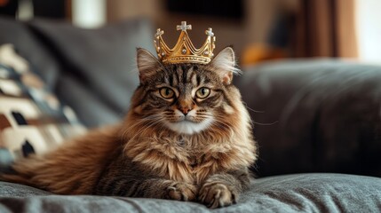 Cat wearing king crown composition background