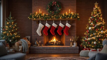 Fototapeta premium Cozy Christmas living room with fireplace, decorated Christmas tree, and stockings. Perfect for holiday cards, websites, and social media