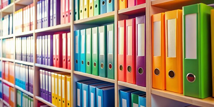 Vibrant Collection of Colorful Folders Organized on a Shelf with Natural Light, Emphasizing the Aesthetic Appeal and Orderliness of Office Supplies and Workspace Decor