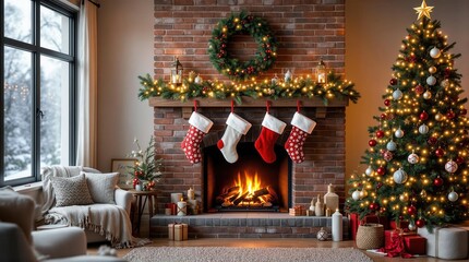Fototapeta premium Cozy Christmas living room with fireplace, decorated Christmas tree, and stockings. Perfect for holiday cards, websites, and social media