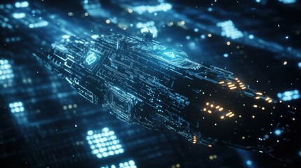 Naklejka premium Futuristic spaceship navigating through a digital universe filled with glowing data.