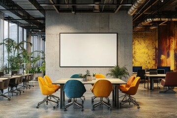 A modern office space featuring colorful chairs, a large blank screen, and greenery, designed for collaboration and creativity.