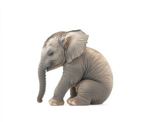 Obraz premium A young baby elephant sits down, depicted in isolation against a white background