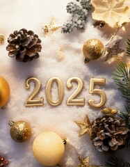 Christmas new year eve celebration setting with golden 2025 numbers in the center covered in pure flat snow and christmas balls, cones and stars