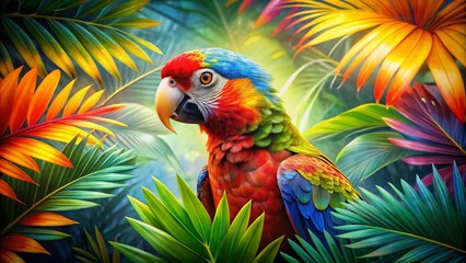 Fototapeta premium Vibrant Double Exposure Parrot Illustration Surrounded by Lush Tropical Leaves for Stunning Nature and Wildlife Imagery