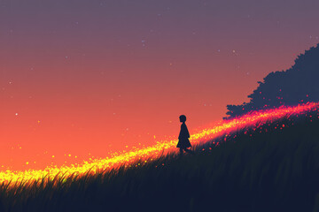 Obraz premium A girl is walking on a hillside at dusk