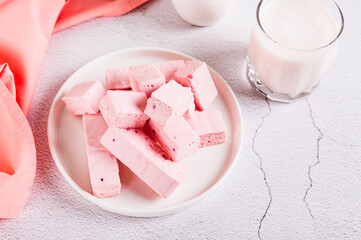 Dehydrated yogurt with fruit additives on a plate on a table