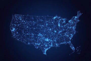 Obraz premium A digital map of the United States illuminated with blue lights, representing connectivity and data visualization.