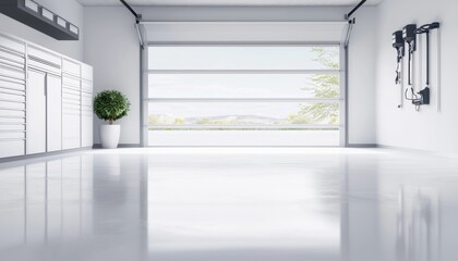 A modern, spacious garage with a polished floor, large windows, and minimalistic decor, featuring a potted plant and wall-mounted tools.