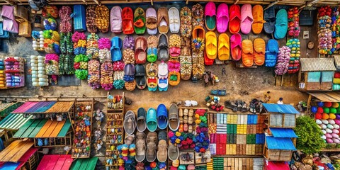 Vibrant Drone Photography of Colorful Flip Flops in a Bustling Old Market: A Kaleidoscope of Accessories and Culture