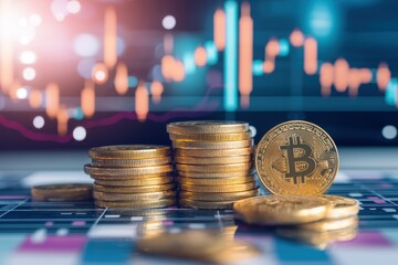 A stack of gold coins and a Bitcoin are displayed, with a digital financial chart in the background, symbolizing cryptocurrency trading and investment.