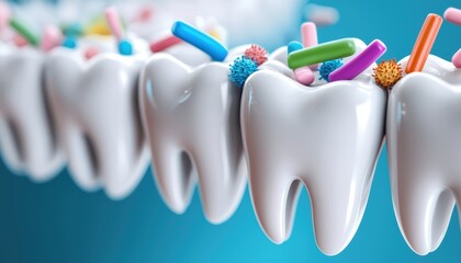 A vibrant illustration of shiny white teeth decorated with colorful dental candies, symbolizing oral health and dental care.