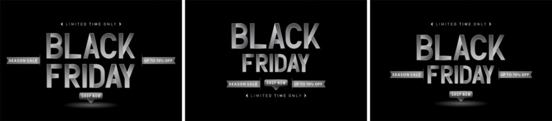 Black Friday, Season Sale on dark background with ribbon beside vector illustration. Black Friday signs font monochrome colors for advertising, promotion, web banner, brochure and flyer design concept