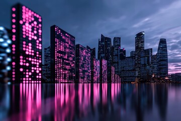 Fototapeta premium A vibrant city skyline illuminated with pink lights, reflecting on water under a dusky sky, showcasing modern architecture and urban beauty.